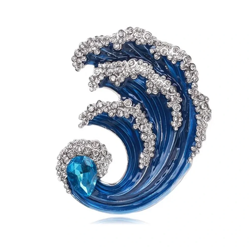 Ocean Wave Crystal Brooch Blue Rhinestone Statement Pin Coastal Jewelry